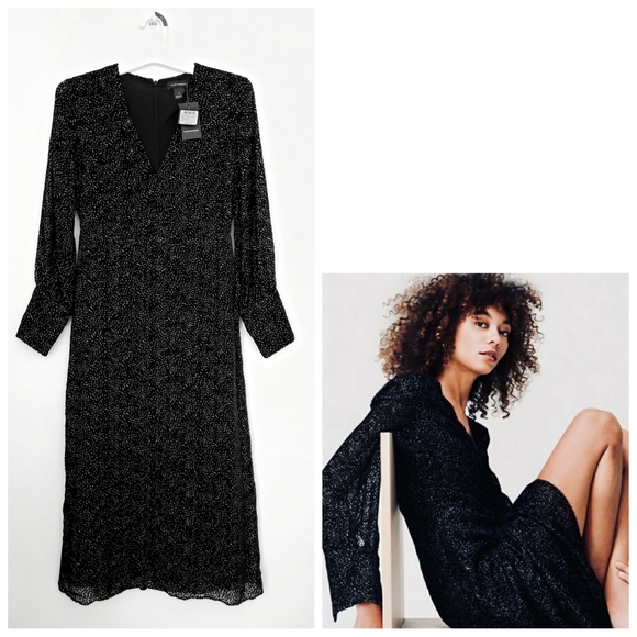 Club Monaco black deep-v burn out midi dress 2 - Picture 3 of 8